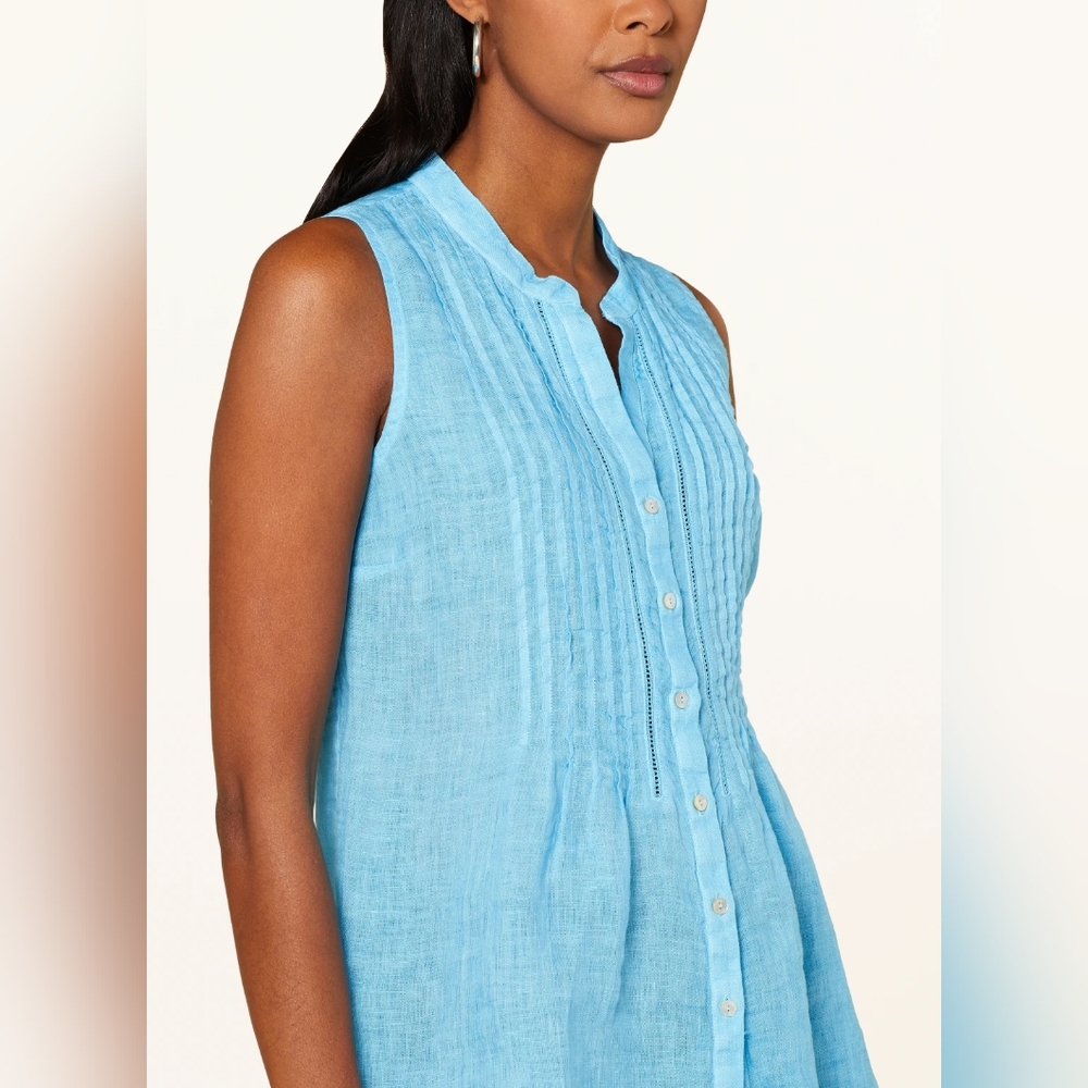 120% Lino Band-Collar Pintucked Button-Front Sleeveless Linen Blouse-PINK